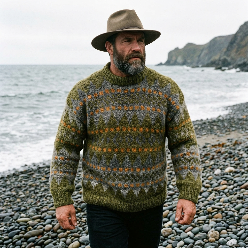 Olive Green & Grey Allover Fair Isle Crewneck Sweater