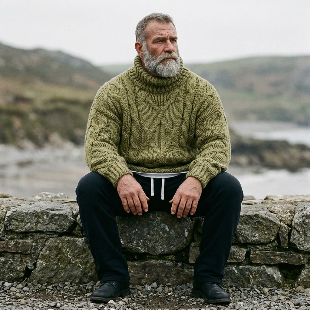 Olive Moss Chunky Aran Cable Knit Turtleneck Sweater