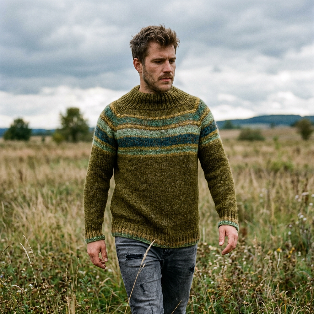 Olive & Teal Horizontal Stripe Yoke Crewneck Sweater