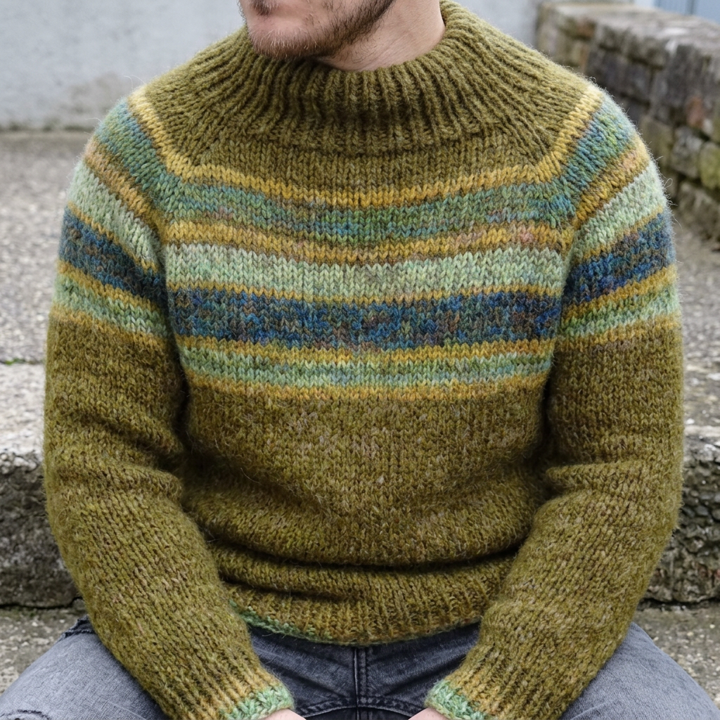 Olive & Teal Horizontal Stripe Yoke Crewneck Sweater