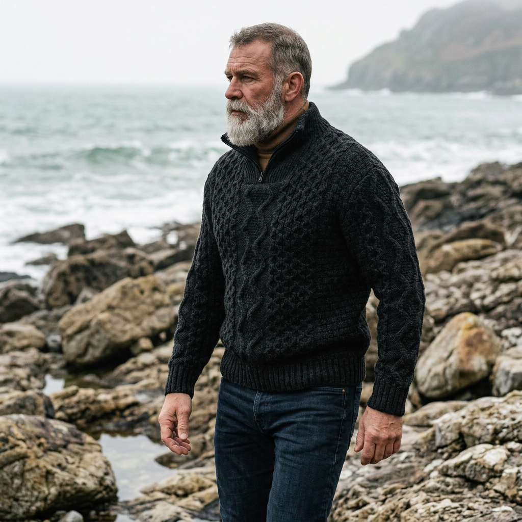 Onyx Black Aran Cable Knit Half Zip Sweater