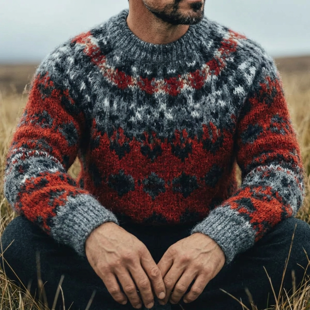 Rust & Charcoal Icelandic Lopapeysa Allover Yoke Crewneck Sweater