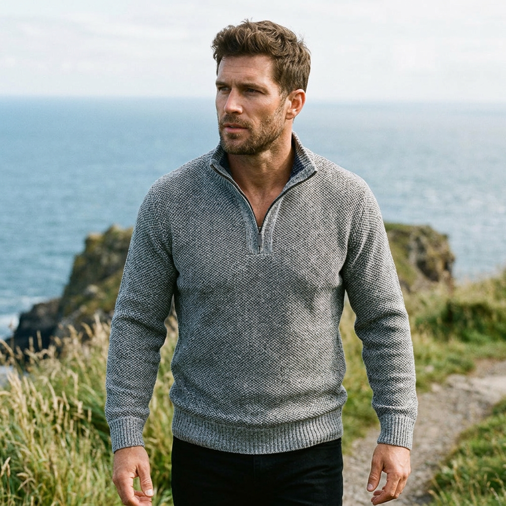Silver Grey Marl Twist Knit Half Zip Sweater