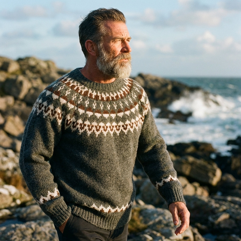 Slate Green Icelandic Yoke Wool Crewneck Sweater