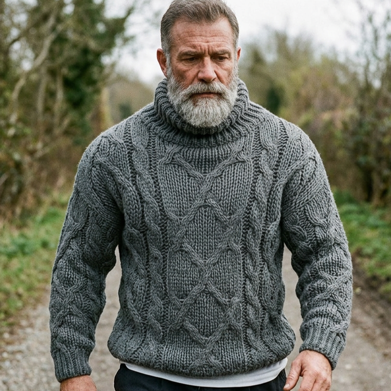Slate Grey Chunky Aran Cable Knit Turtleneck Sweater