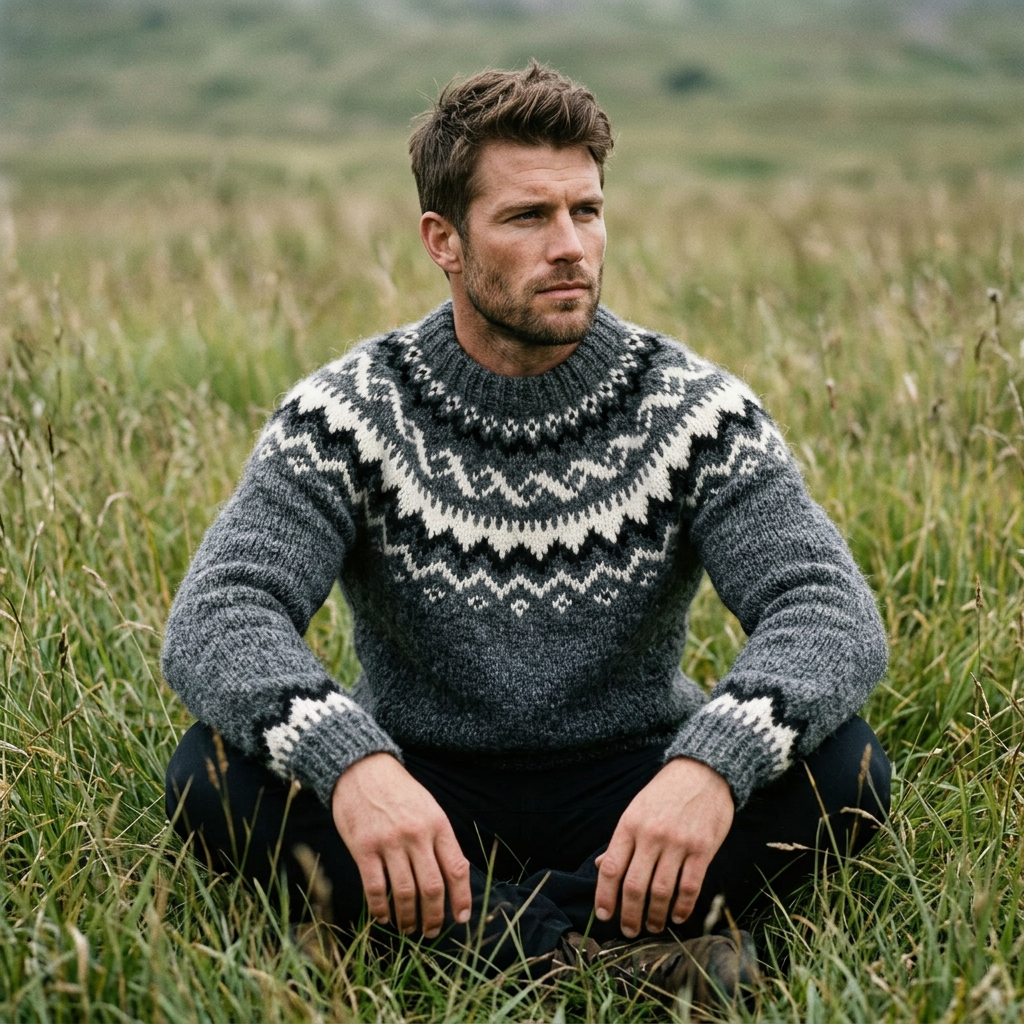 Slate Grey & Ivory Icelandic Chevron Yoke Crewneck Sweater