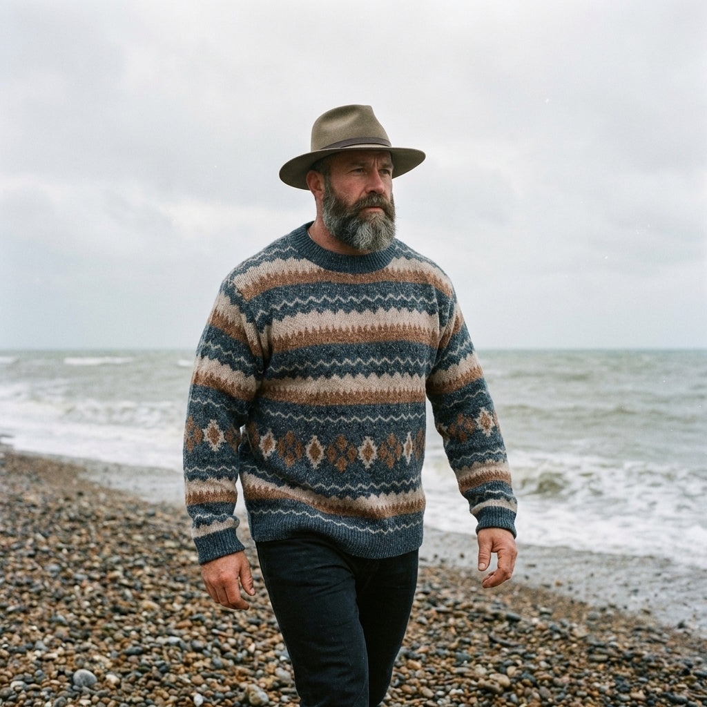 Steel Blue & Camel Horizontal Stripe Fair Isle Crewneck Sweater