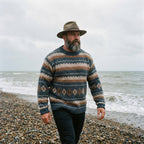Steel Blue & Camel Horizontal Stripe Fair Isle Crewneck Sweater