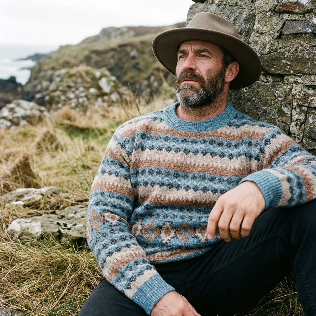 Teal & Camel Horizontal Stripe Fair Isle Crewneck Sweater