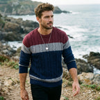 Tri Colorblock Cable Knit Crewneck Sweater