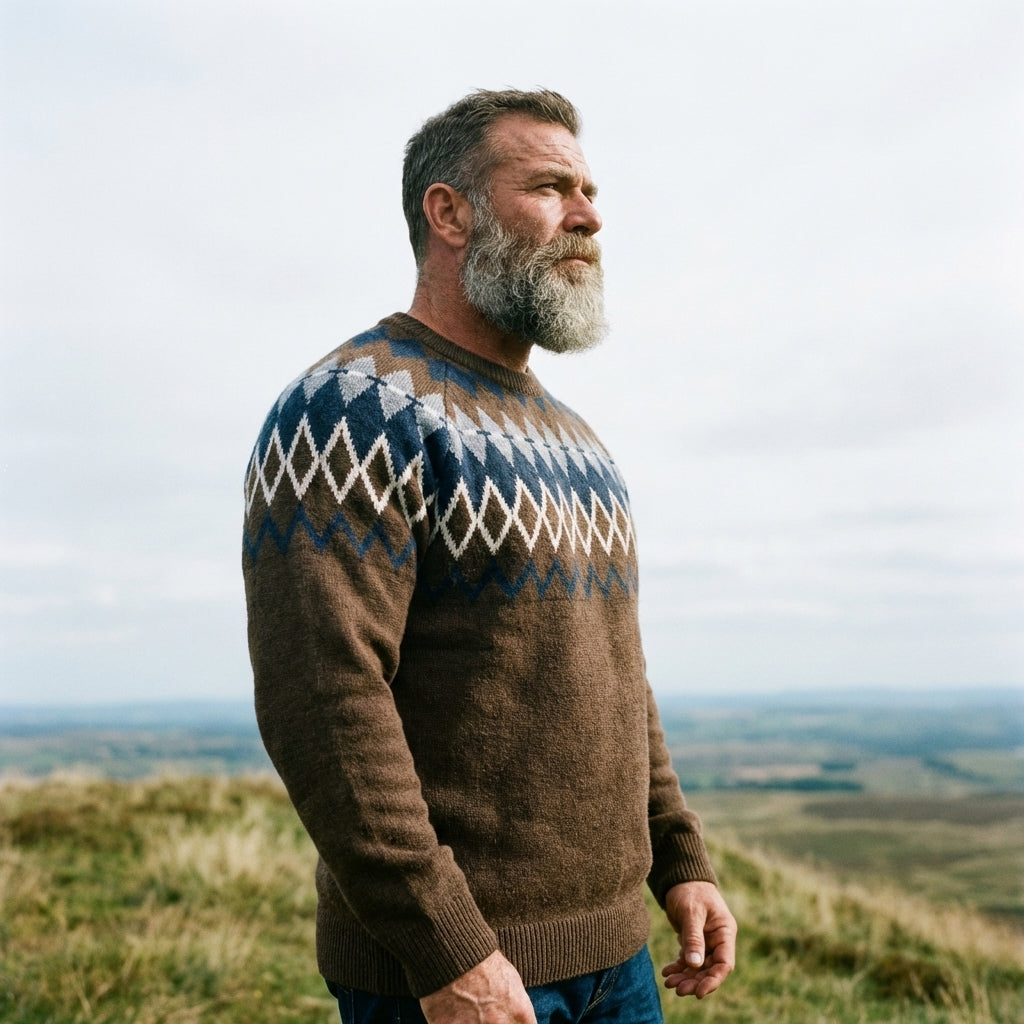 Walnut Brown Diamond & Tree Fair Isle Crewneck Sweater