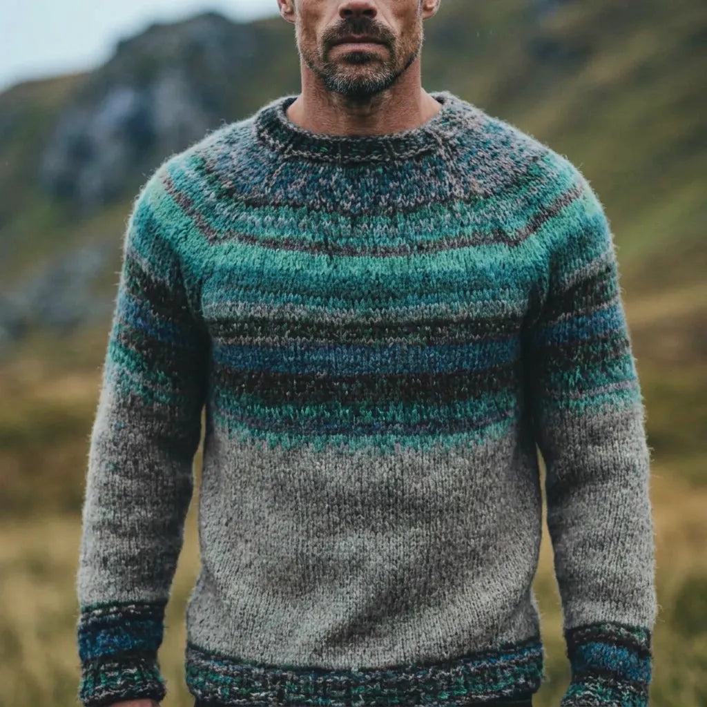 Grey & Teal Gradient Stripe Yoke Crewneck Sweater